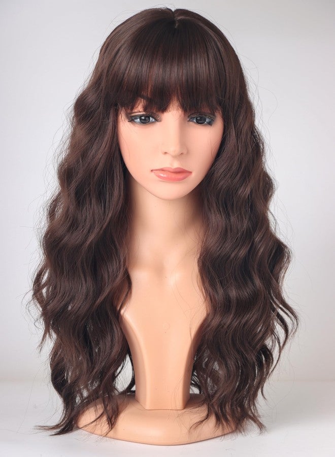 SYMEIW Medium Long Brown Wavy Wigs For Women Synthetic Full Hair Wigs With Bangs For Daily Use (brown) - Image 1